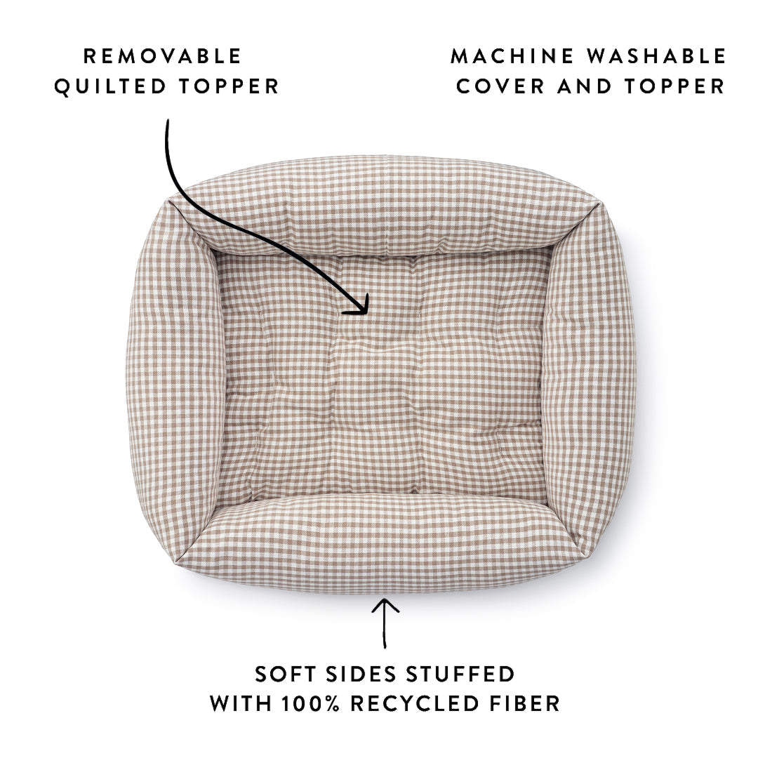 Mushroom Brown Gingham Bolster Dog Bed