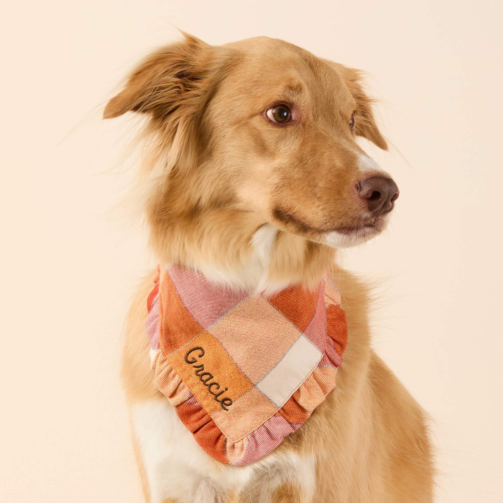 Pumpkin Spice Plaid Flannel Ruffled Dog Bandana
